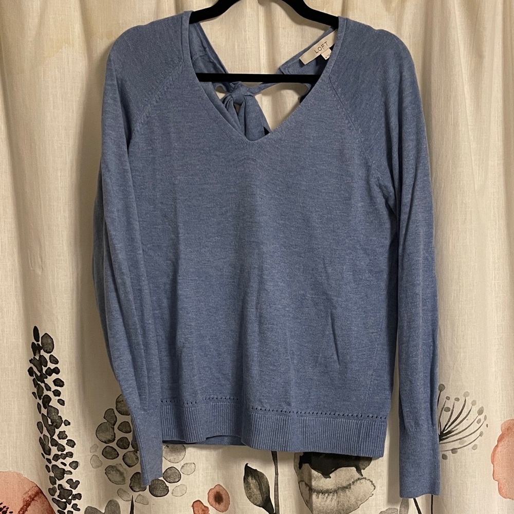 EUC LOFT Blue Knit Sweater with Back Tie Size Medium